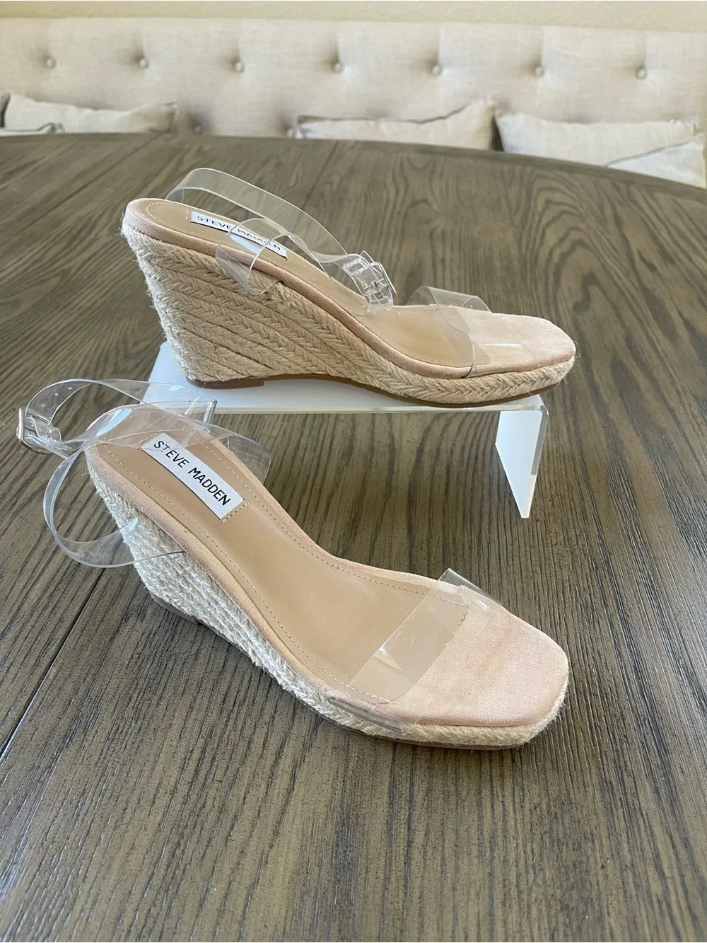 Steve Madden Nude Suede & Clear Strap Espadrille Wedges